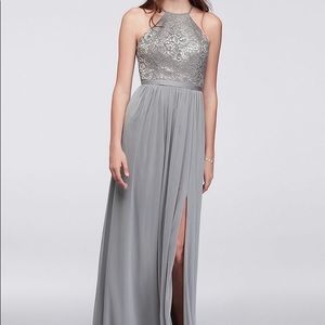 Silver Open-Back Lacy Bridesmaid Dress | 8